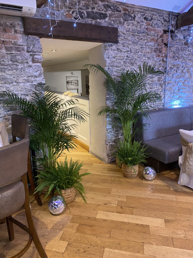 Wedding venue walkway styled with palms, greenery and mirrored décor accents