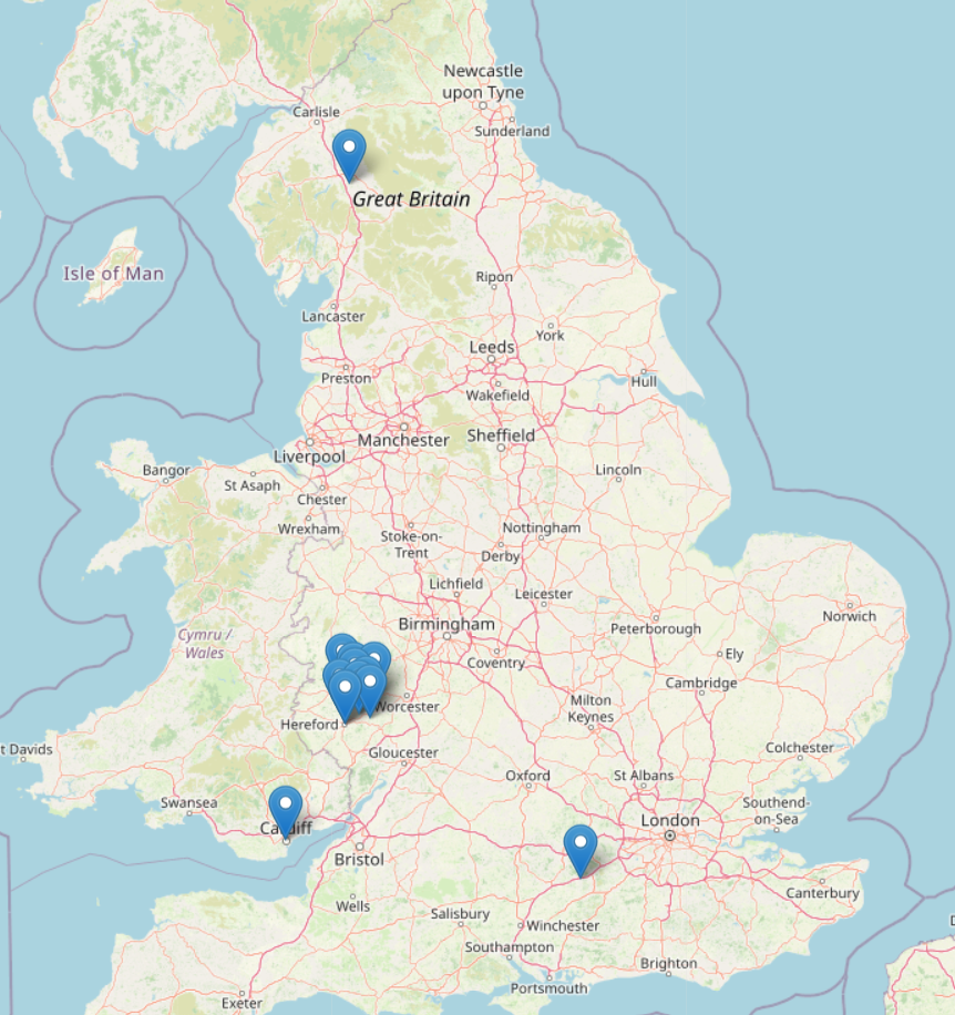 This map pins our 2025 wedding venue locations.