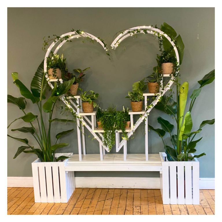 Heart-shaped plant backdrop with fairy lights, potted greenery and white wooden frame.