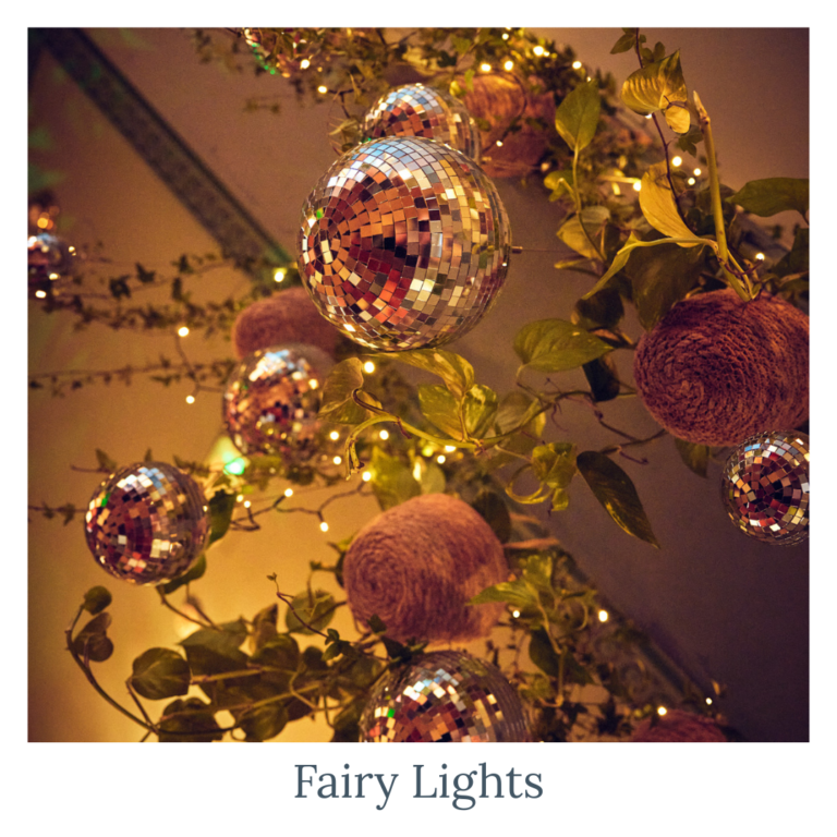 Fairy lights styled with wedding décor, foliage and plants for a romantic wedding setting