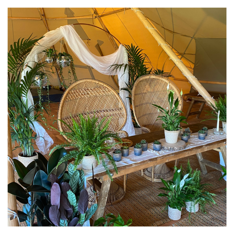 Boho wedding ceremony table styling with potted plants, candles and natural textures inside a tipi. The background shows a rose gold circle with white drapes and foliage.