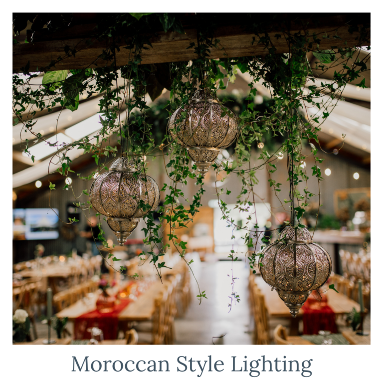 Moroccan style hanging lanterns with greenery for wedding décor styling